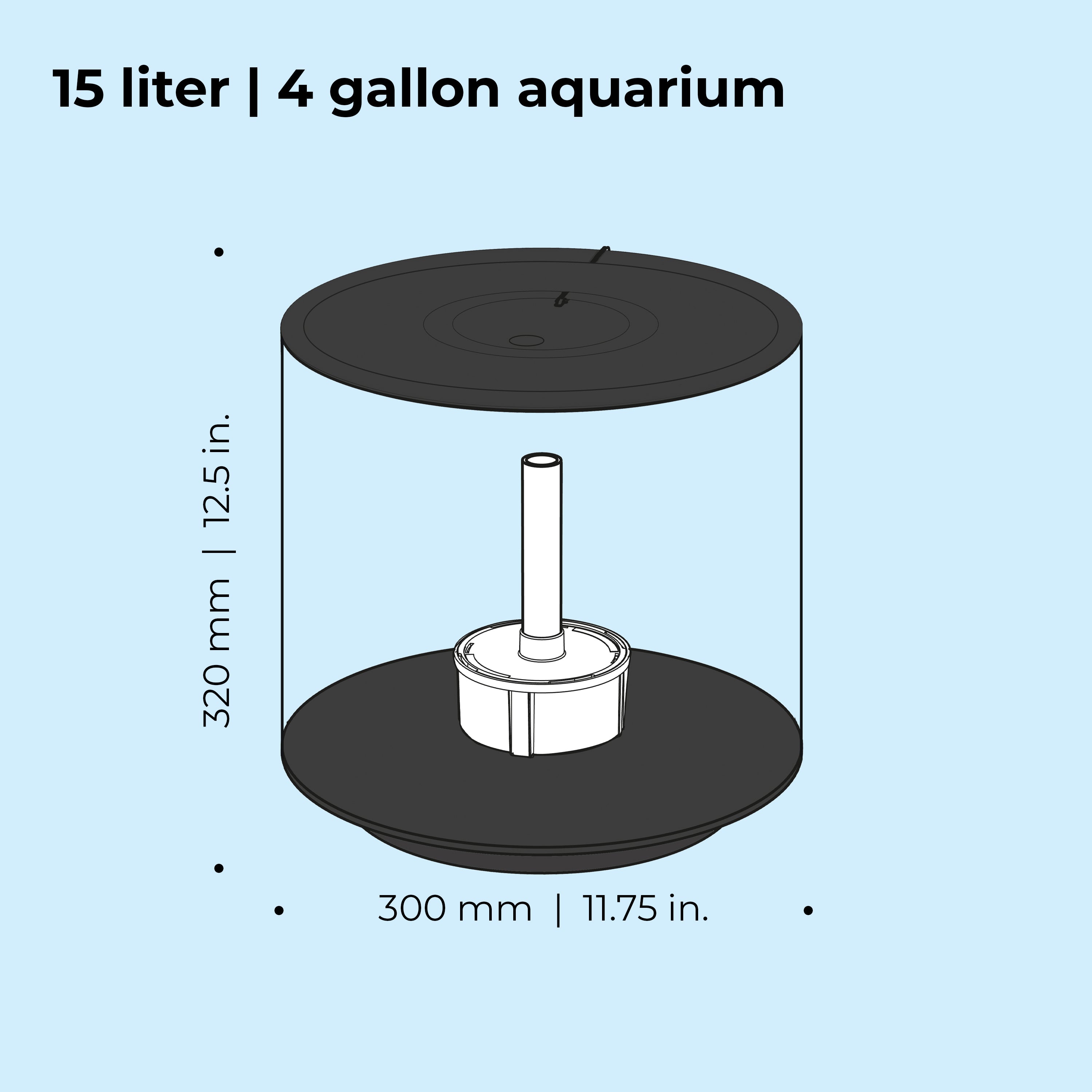 TUBE 15 Aquarium with Standard White LED Light - Dimensions