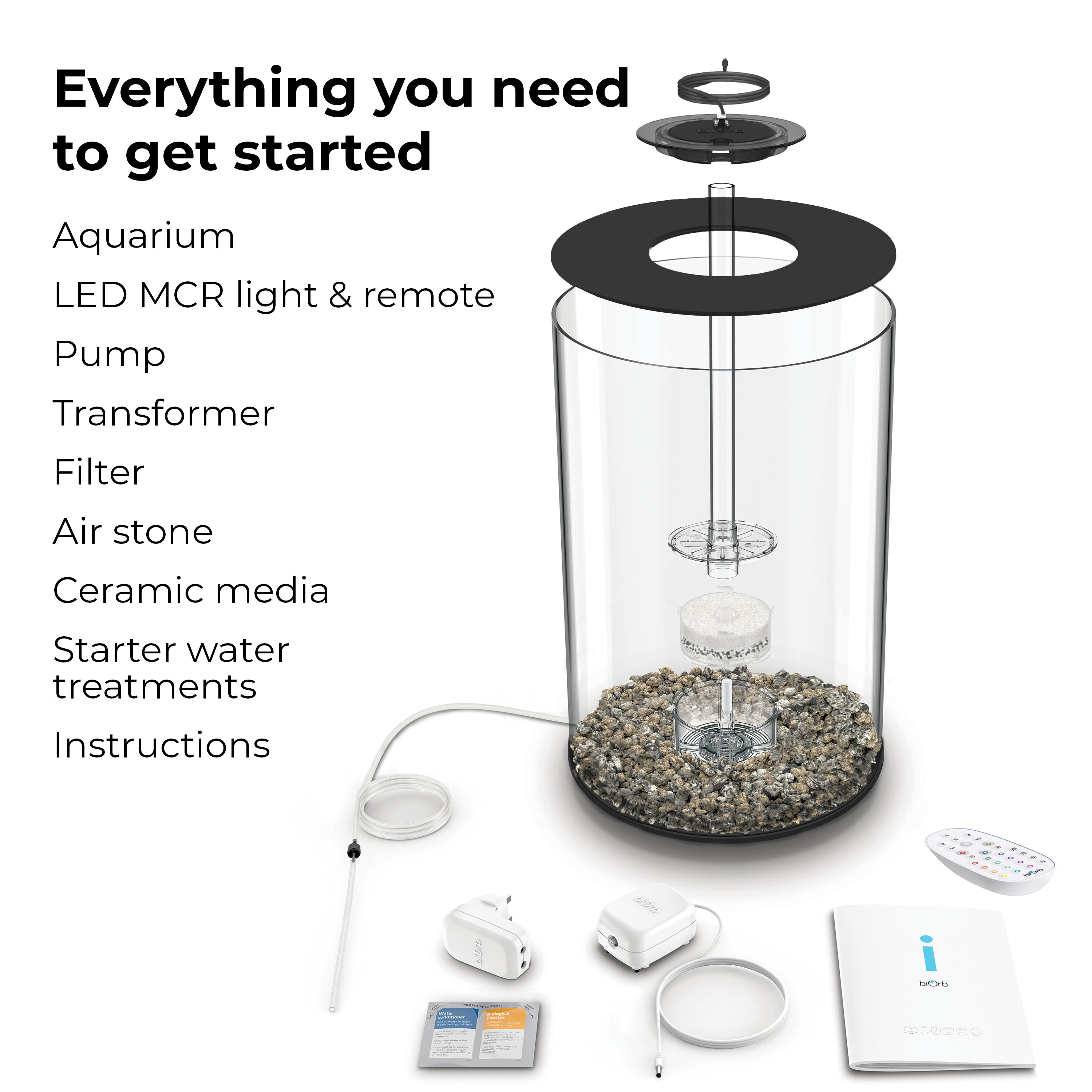 TUBE 30 Aquarium with Multi Colour LED Light - Everything you need to get started