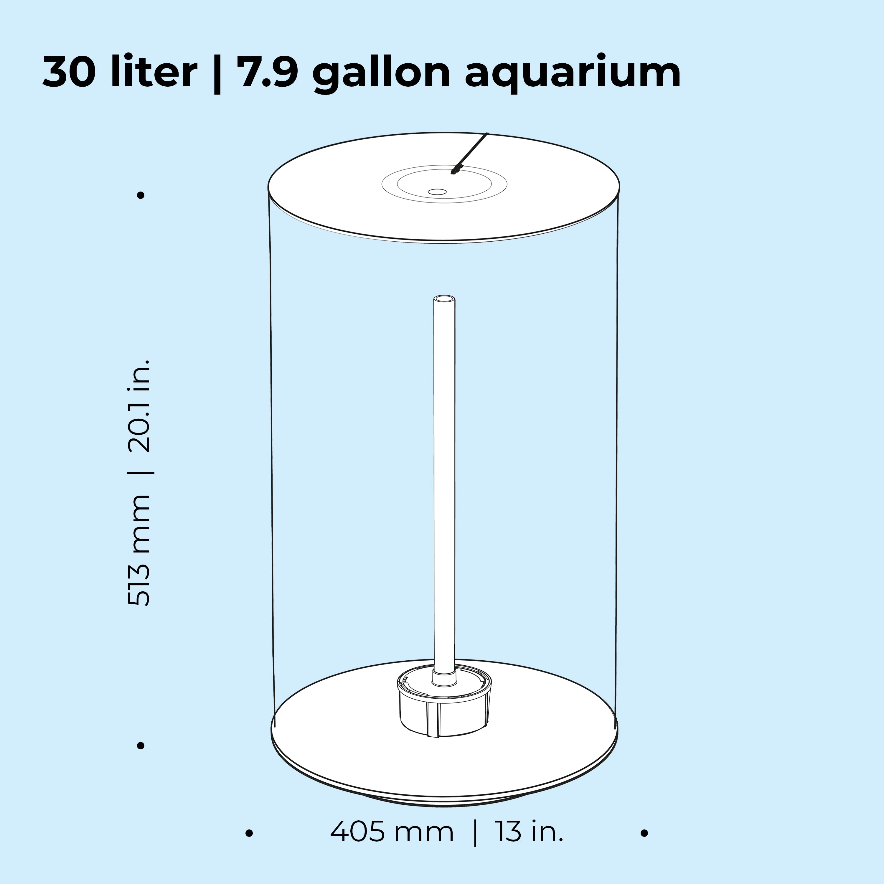 TUBE 30 Aquarium with Standard White LED Light - Dimensions
