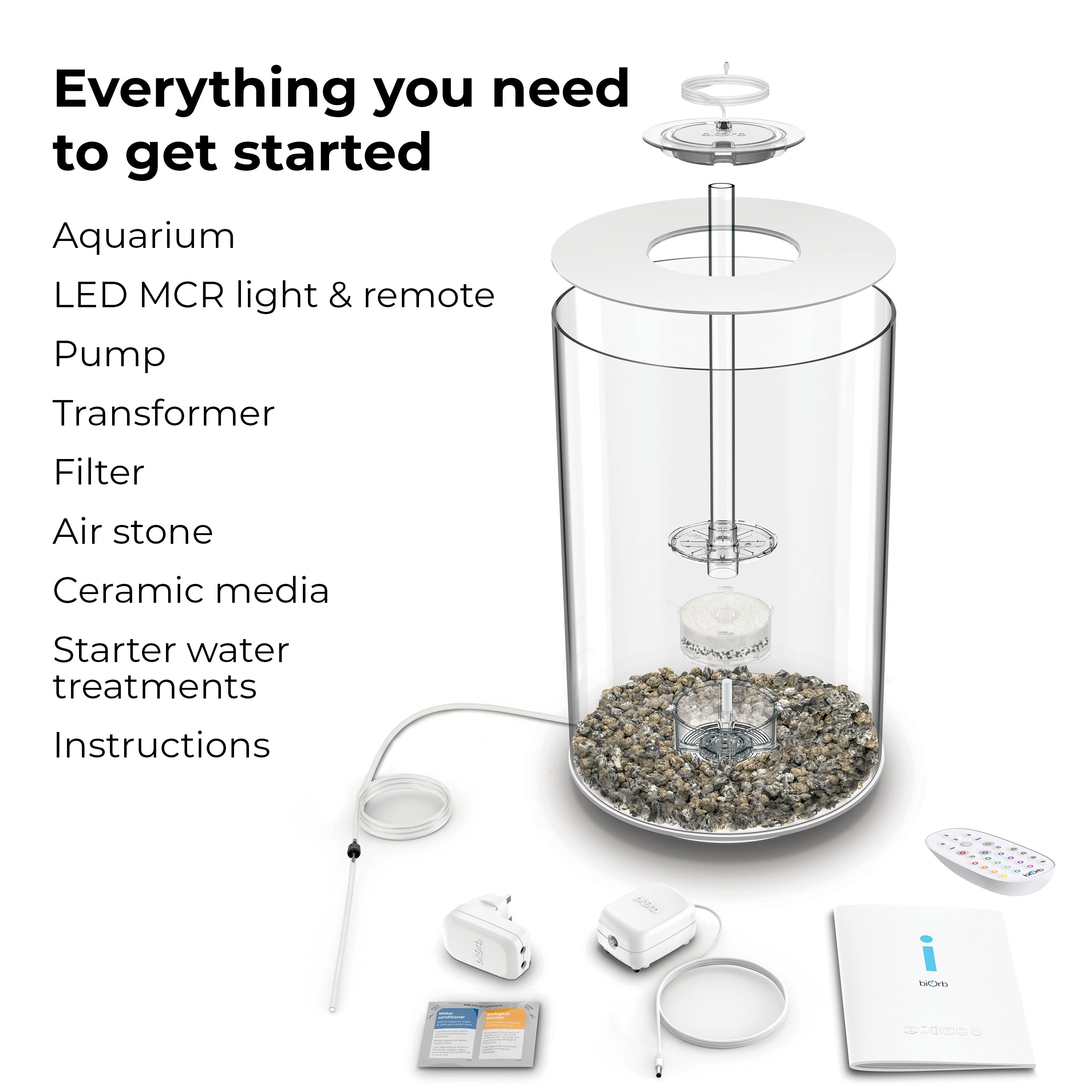 TUBE 30 Aquarium with Multi Colour LED Light - Everything you need to get started